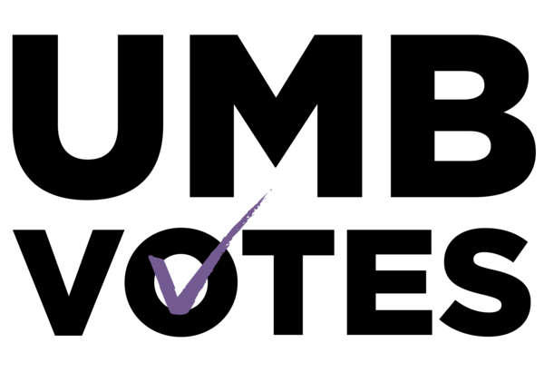 The words UMB Votes spelled out with a purple check mark in the 