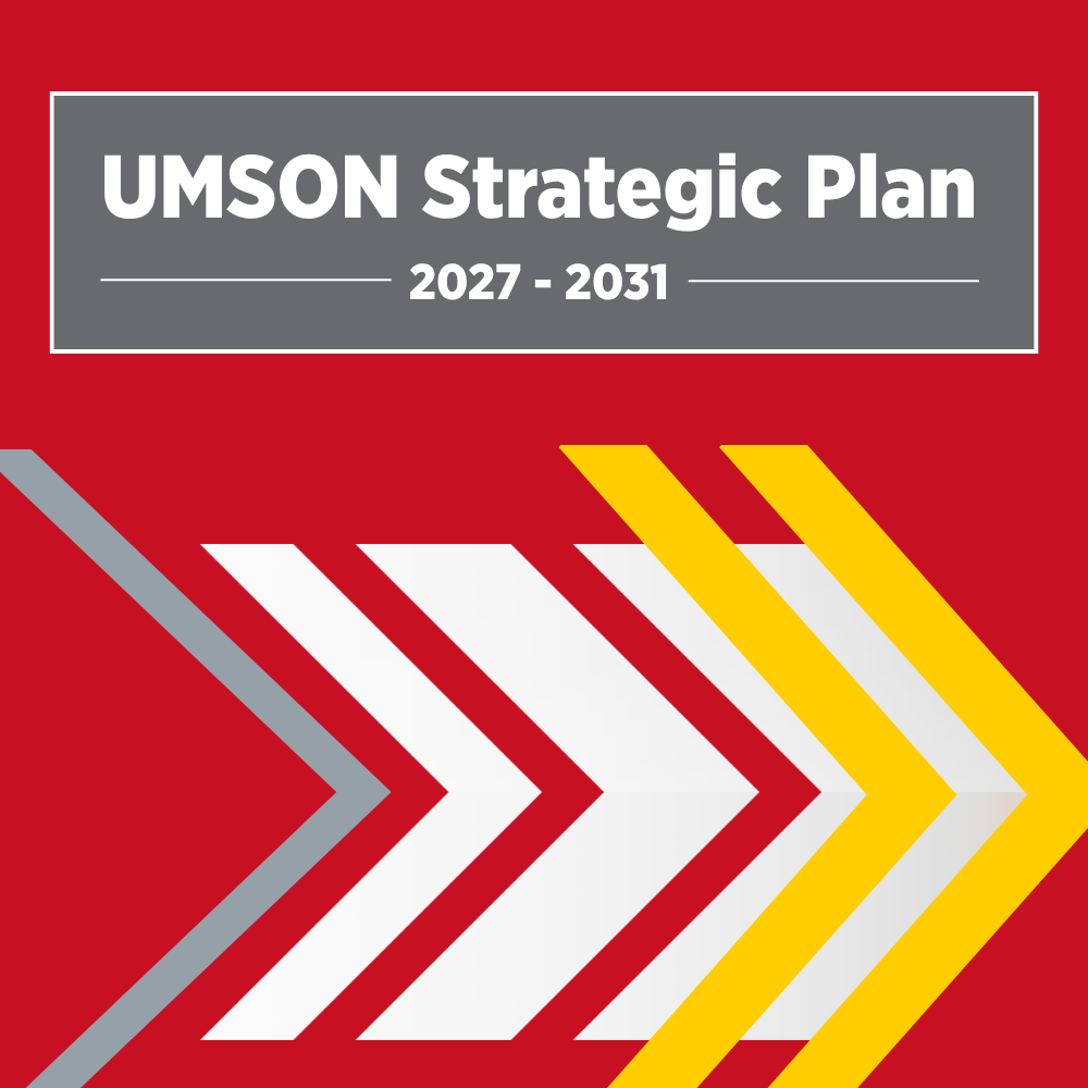 Red poster for the UMSON Strategic Plan 2027–2031, with bold white lettering in a gray banner and layered gray, white, and yellow arrows pointing right, conveying progress and optimism.