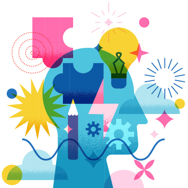 iStock photo 2227930916 of an abstract creative human head with puzzle, light bulb, flash, gear, cloud symbols.