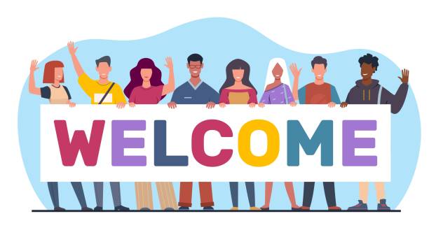 Graphic of diverse set of people holding a sign that says Welcome