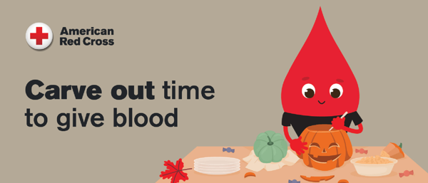 carve out time to give blood with blood drop carving a pumpkin