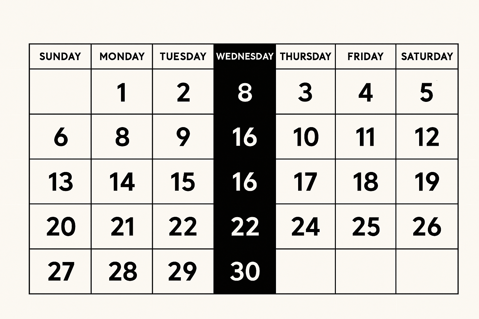 Month with all the Wednesdays in a dark color.