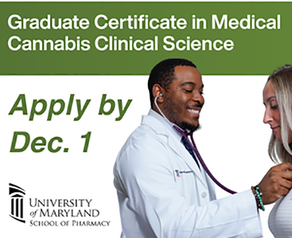 Student listening to a patient's heartbeat with words next to him about applying to the Graduate Certificate in Medical Cannabis Clinical Science by Dec. 1. 
