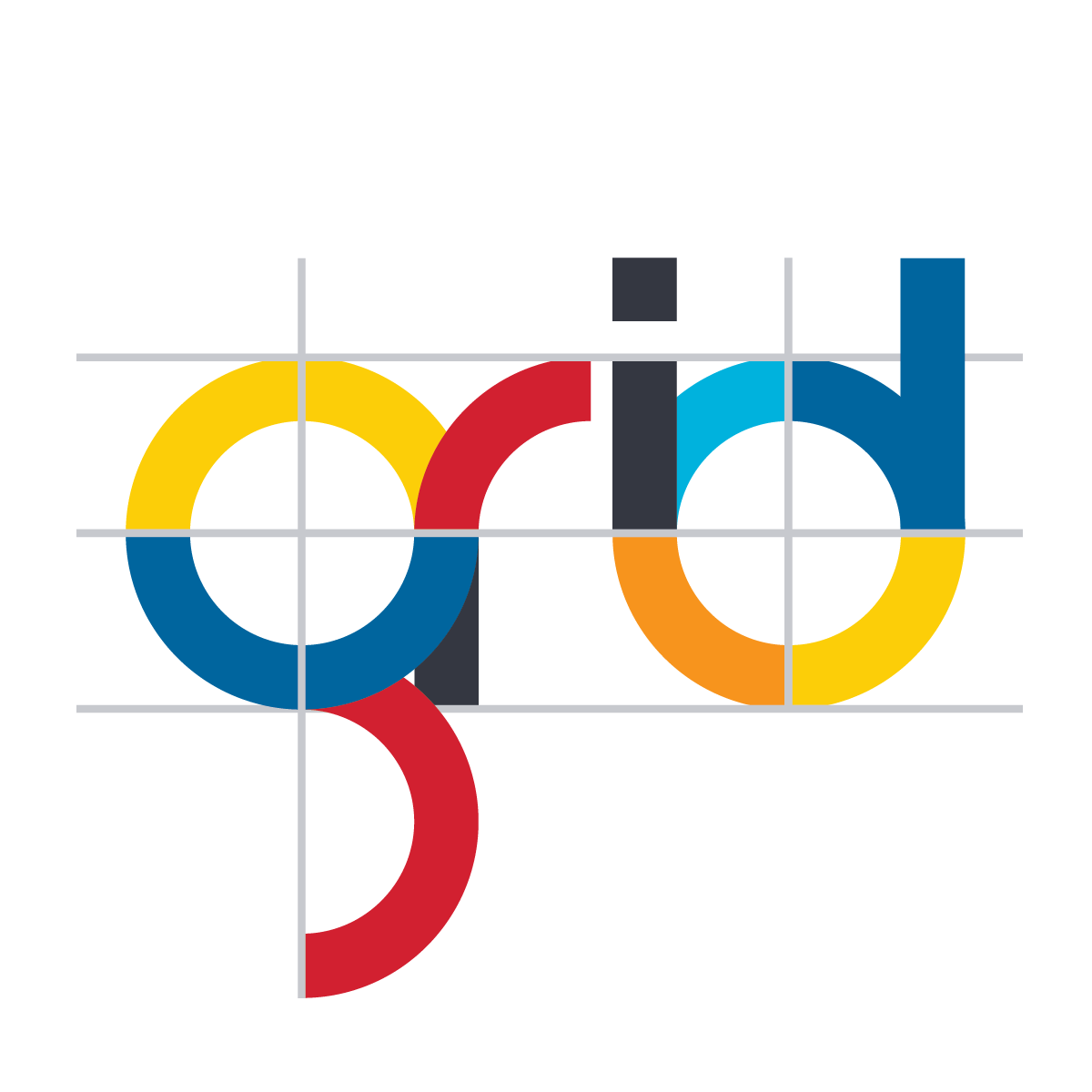 grid in yellow, red, and blue letters