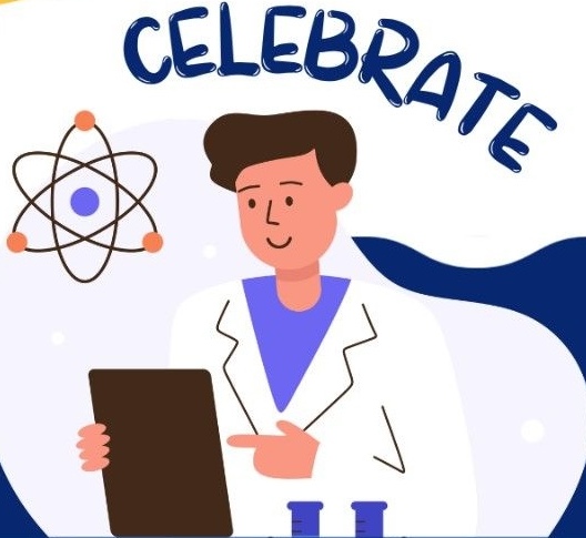 man sitting with tablet wearing lab coat and molecule and Celebrate