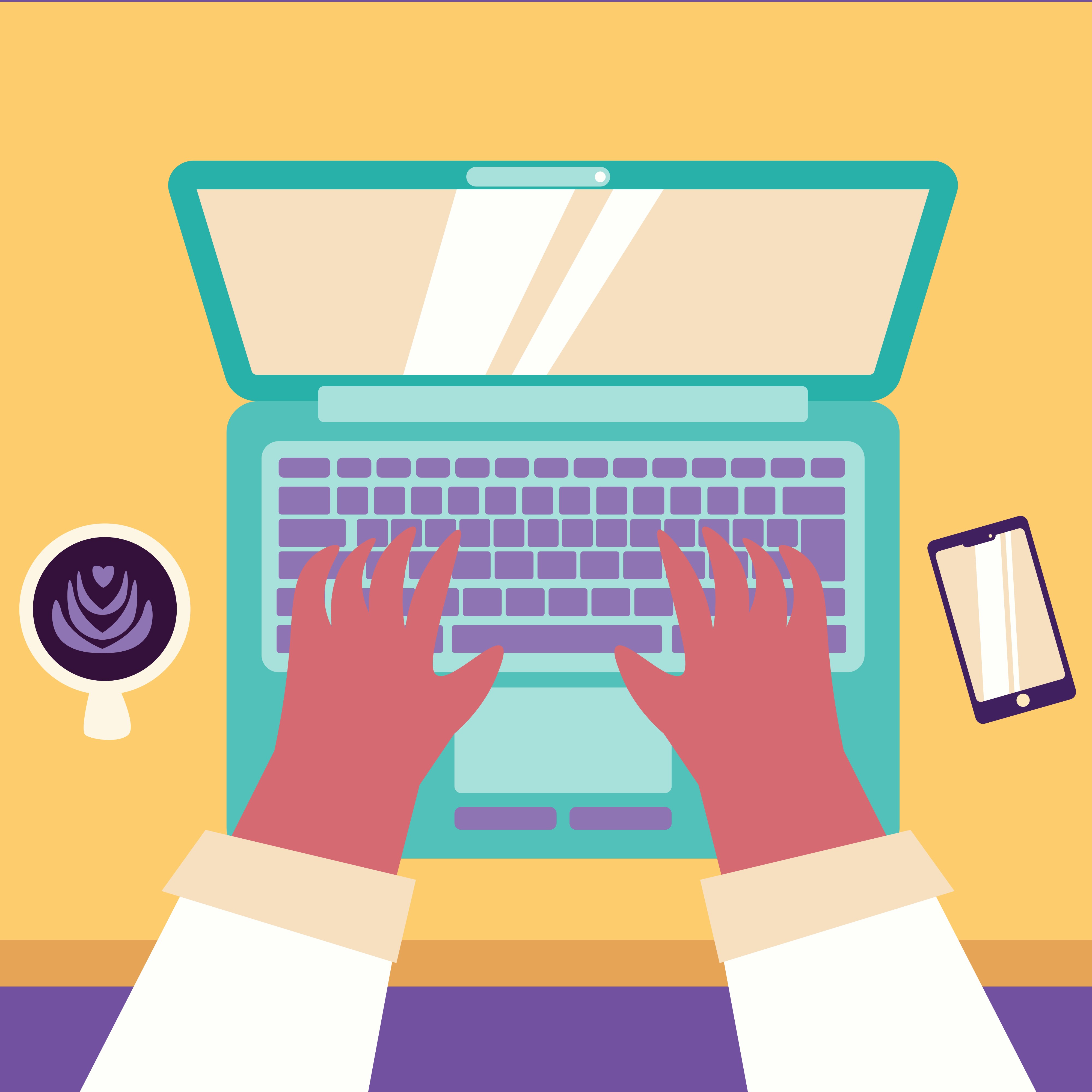 A writer's hands typing on a laptop computer keyboard with a cup of coffee on left and smartphone on left.