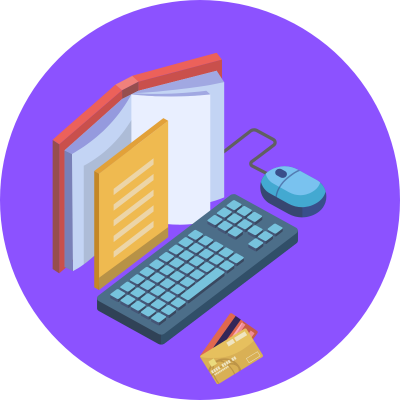 laptop and card on a purple background