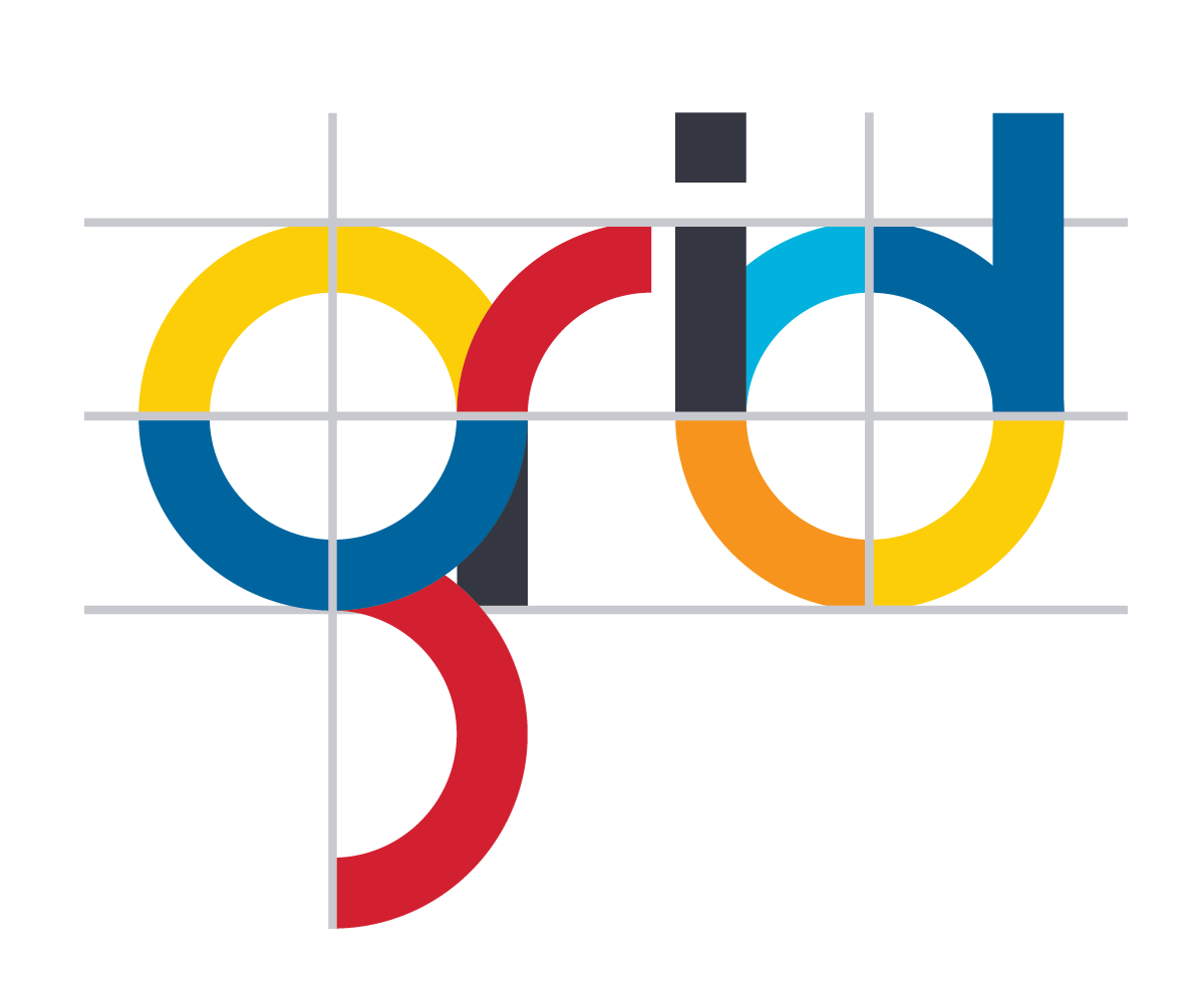 the grid written in red, blue, black and yellow