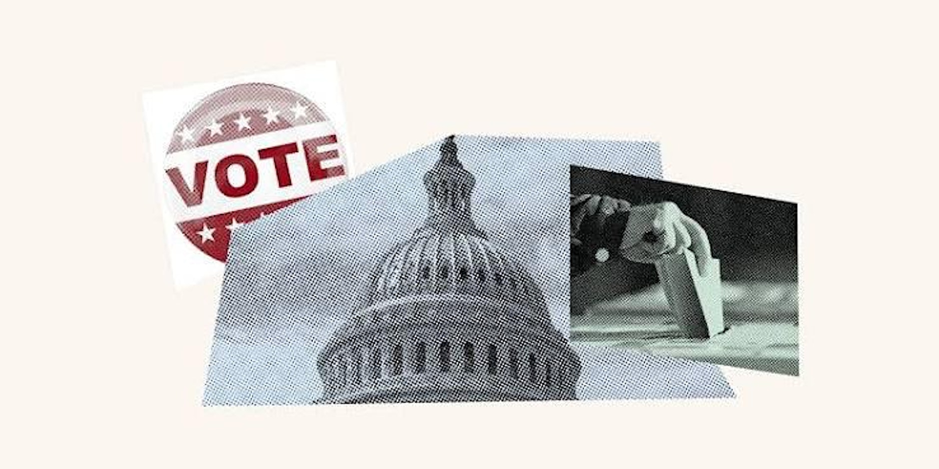 A civic-themed collage featuring a “VOTE” sign, the U.S. Capitol, and a ballot being placed into a ballot box