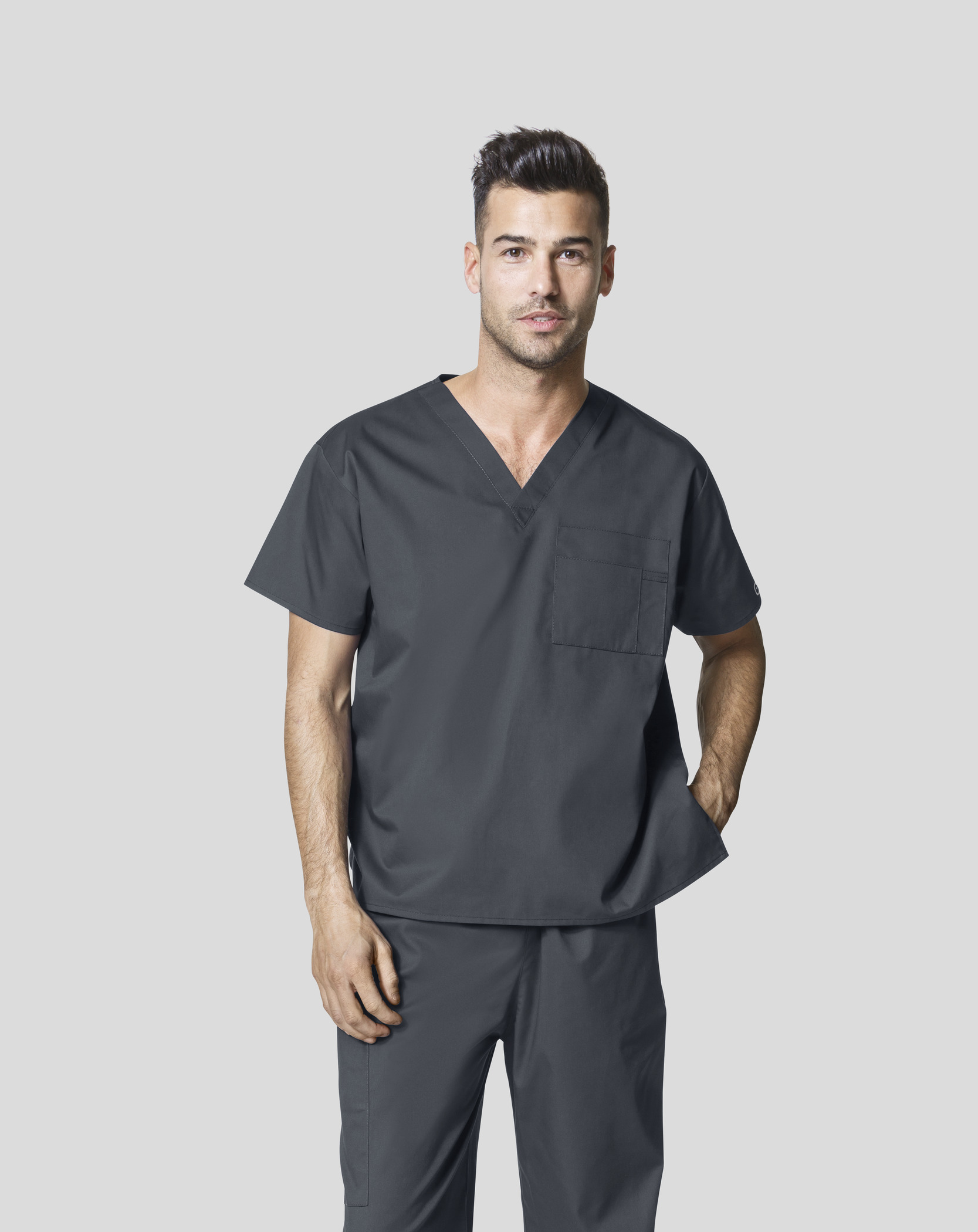 male model wearing pewter scrubs