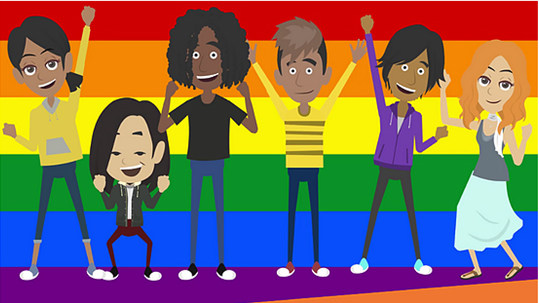 A group of diverse youth in front of a rainbow background.