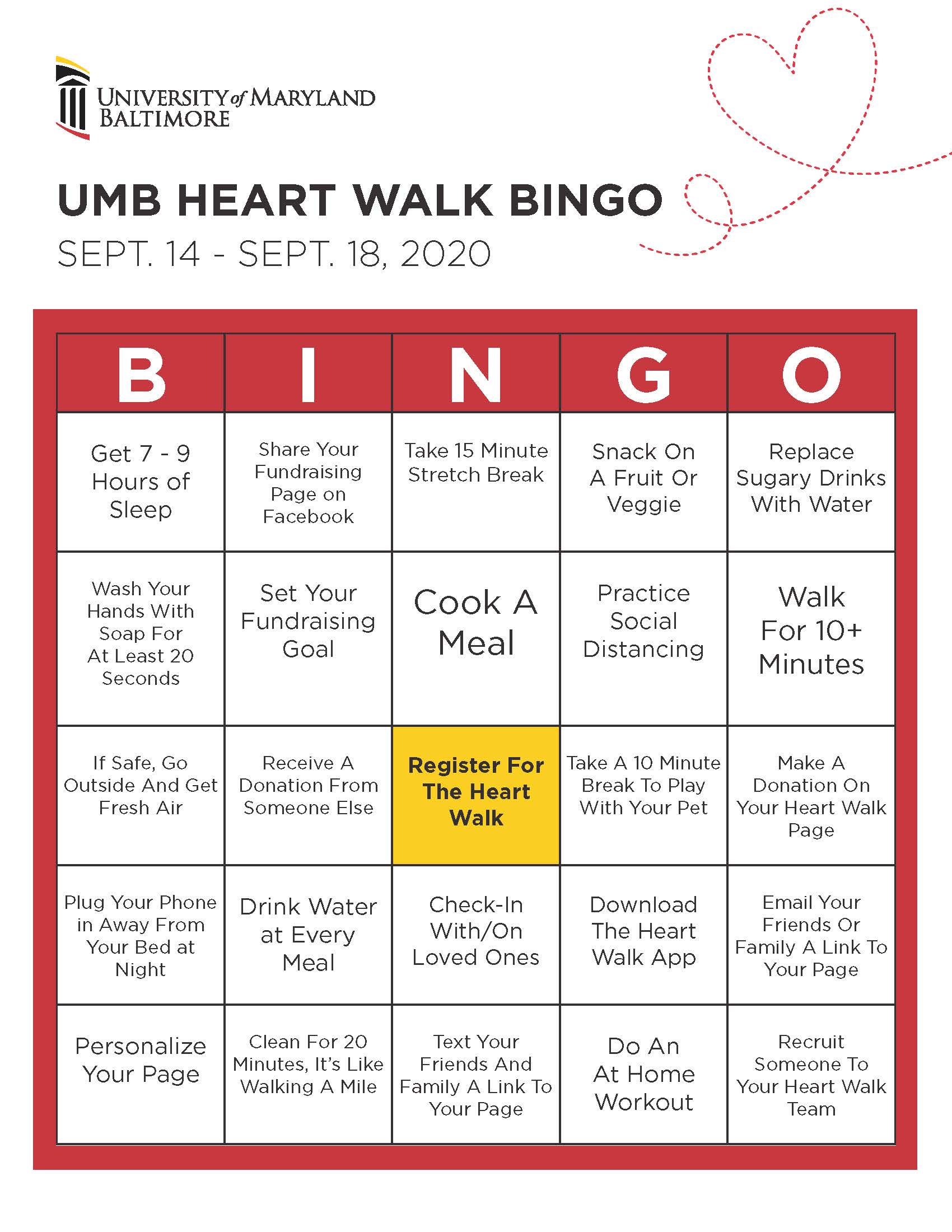 University of Maryland Baltimore Heart Walk Bingo Card