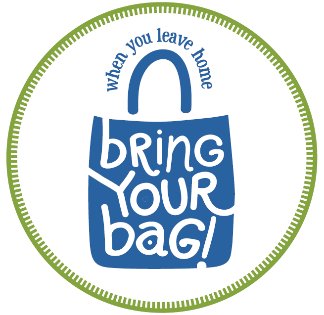 A graphic from Baltimore Office of Sustainability: a green textured circle with a blue bag inside of it. The words 
