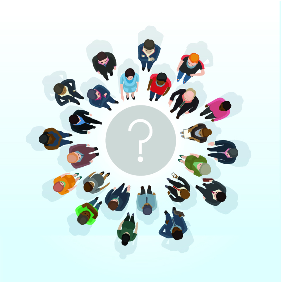 People standing in a circle with a question mark in the middle