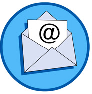 grey envelope in a blue circle with a black @ sign on the paper