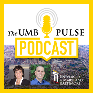 UMB Pulse podcast with yellow microphone graphic and headshots of this week's two guests