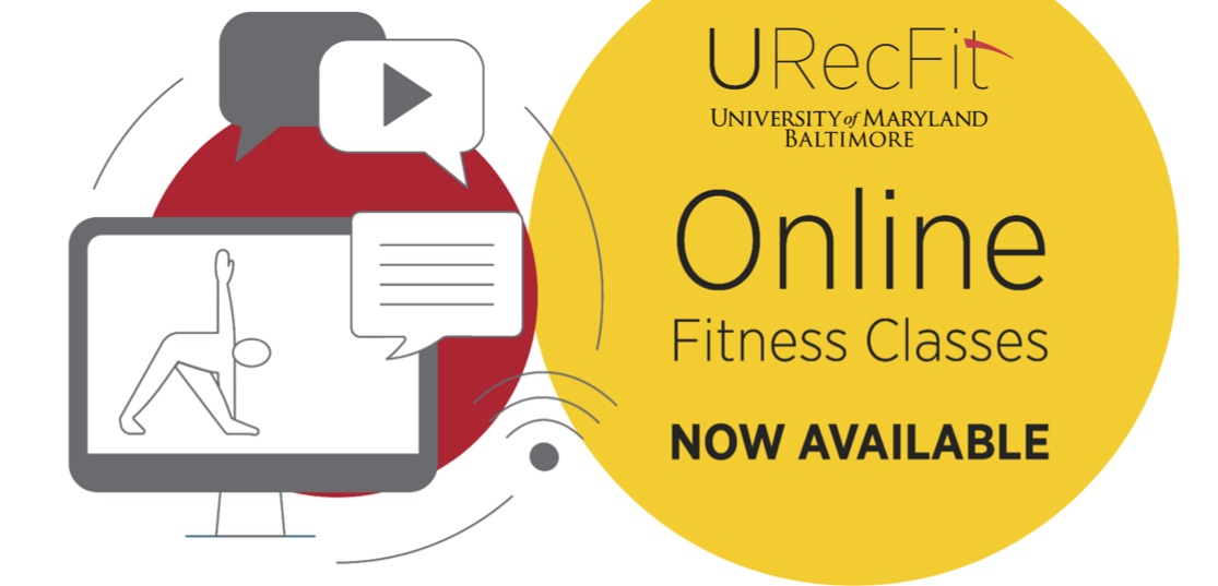 A cartoon computer with someone stretching on the screen with a yellow circular background that has the URecFit logo and Online Classes now available