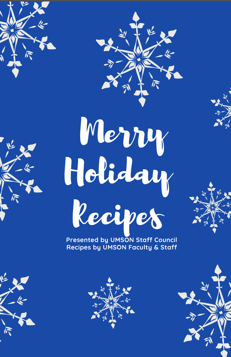 Merry Holiday Recipies cover on blue background with white snowflakes 