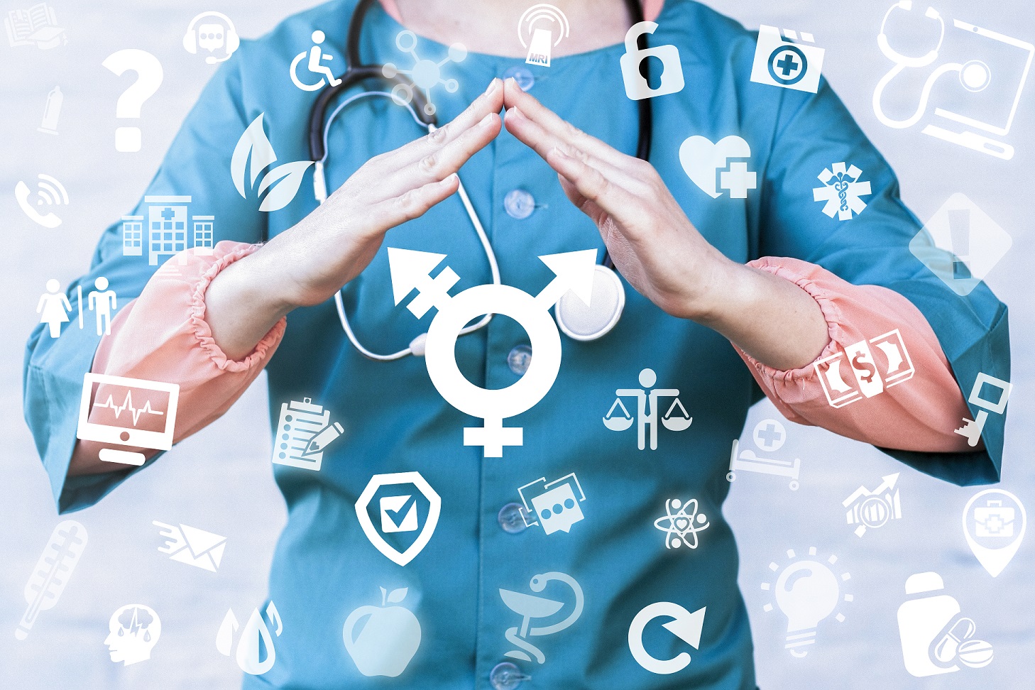 An image of a person wearing scrubs with a stethoscope around their neck. They are touching their hands over the transgender symbol. There are other medical symbols surrounding the person.