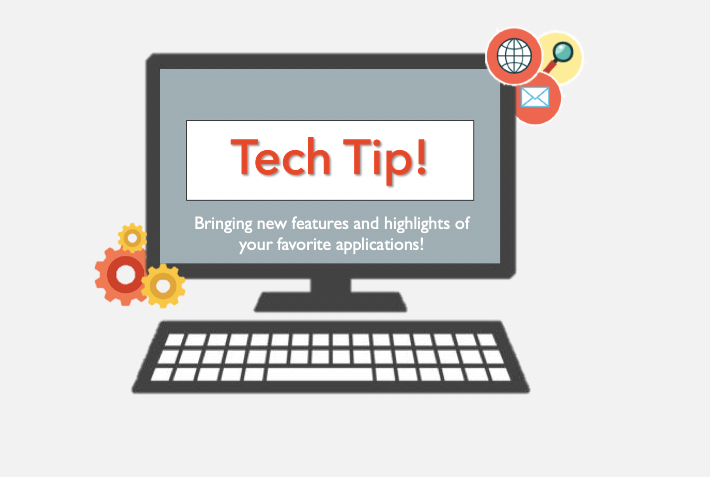 Tech Tip logo; desktop with red and yellow gears in bottom left corner
