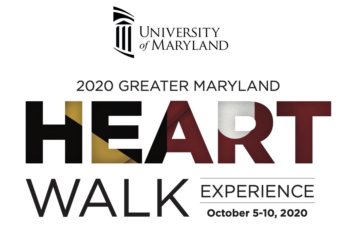 University of Maryland Logo in the top center with Heart Walk in Maryland Flag design.