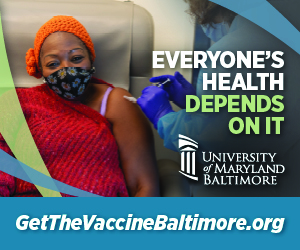 Woman getting vaccine; Everybody's Health Depends on It. University of Maryland, Baltimore. GetTheVaccineBaltimore.org