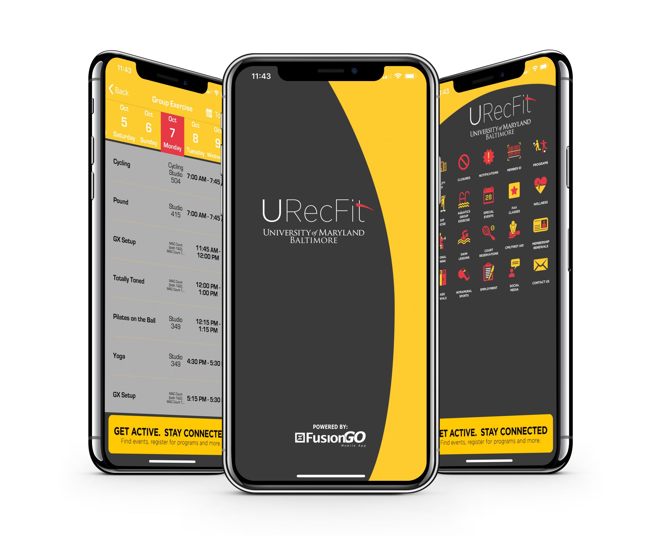 Three smartphones displaying the URecFit Live App