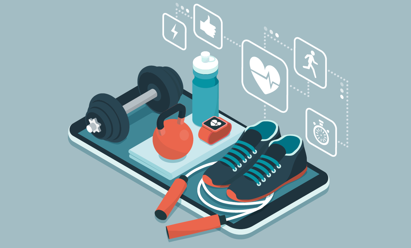 A cell phone with a jump rope, shoes, fitness tracker, water bottle, kettle bell and weight on it with fitness tracking icons above