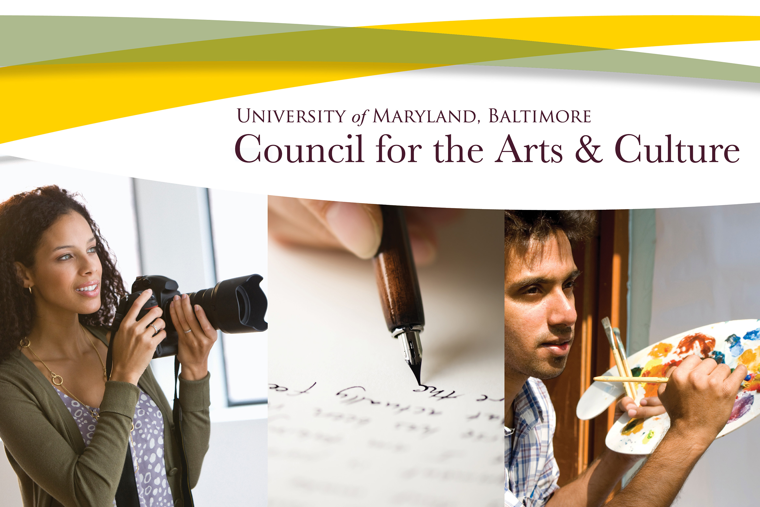 Branded look for the UMB Council for the Arts & Culture, with multimedia art forms represented.