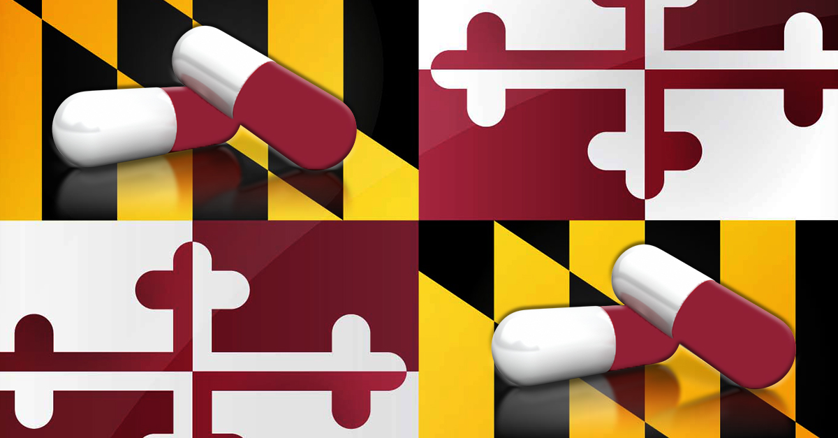 Maryland state flag with capsules overlaid on the yellow and black checkered square sections.