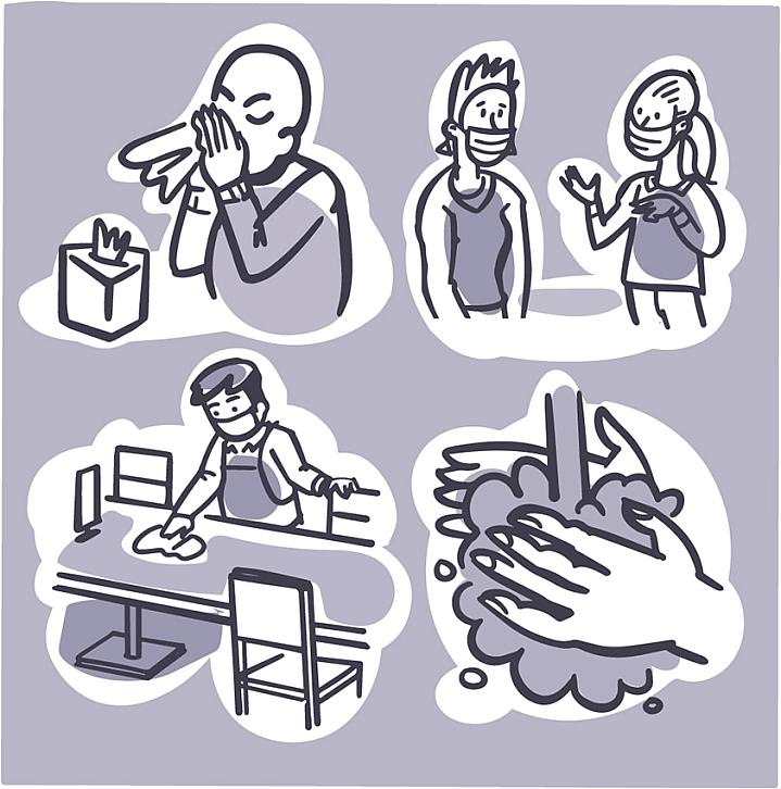 illustration of people wearing masks, blowing nose, washing hands