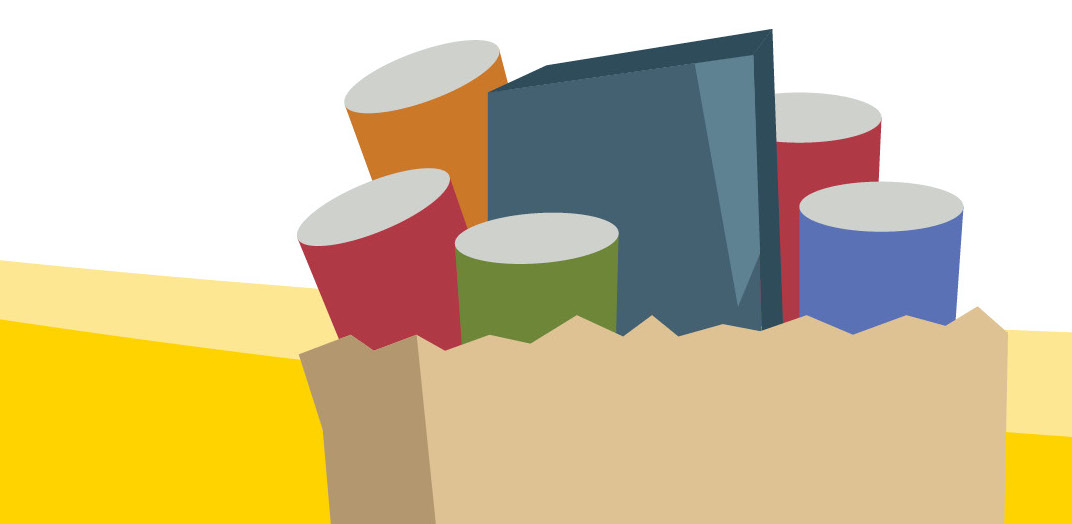 Graphic of cans and food in a paper bag