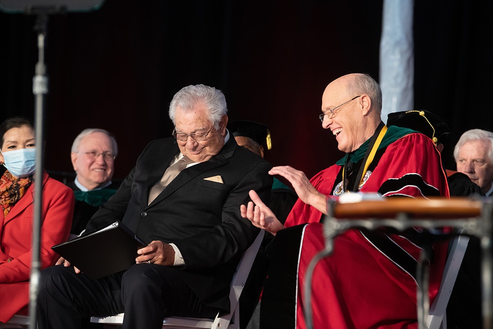 Lawrence Hayman and Bruce Jarrell at President Jarrell's inauguration 