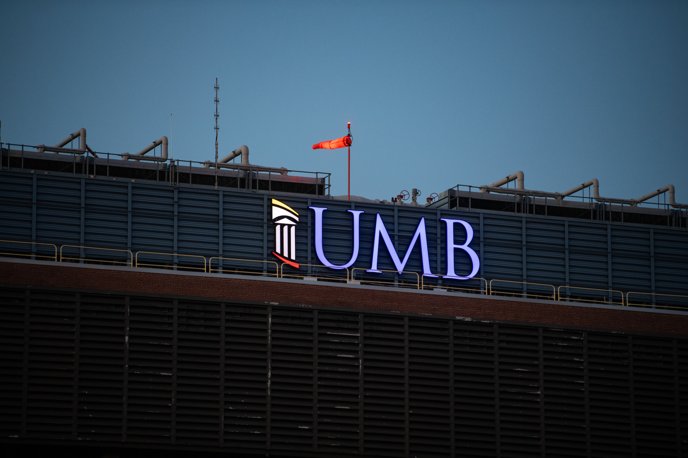 UMB sign lit in blue