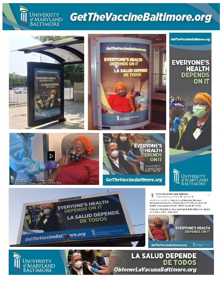 A collage of UMB's GettheVaccineBaltimore campaign materials
