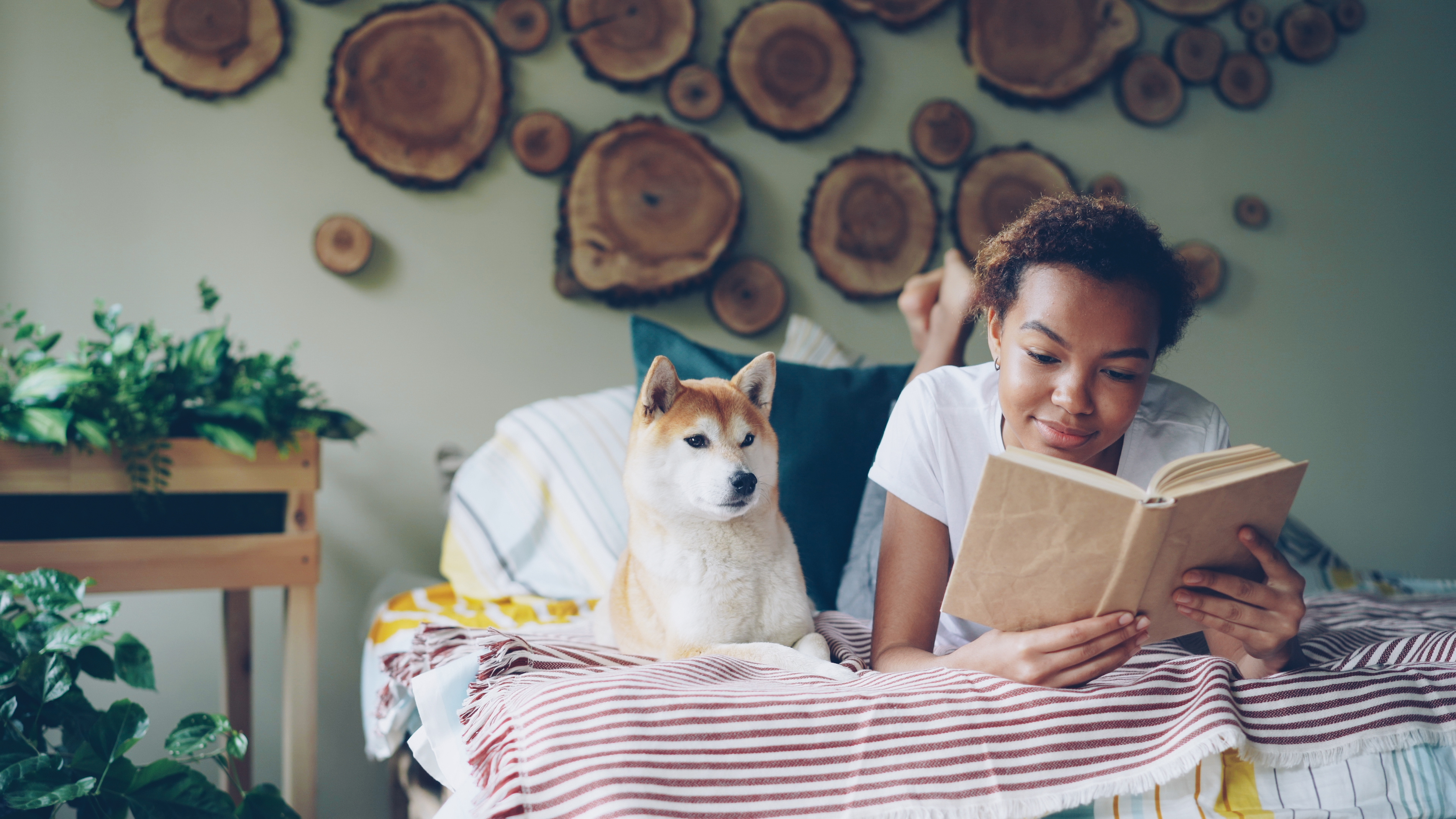 Teen pet. Девушка читает книгу собаке. Книга и собачка на кровати.