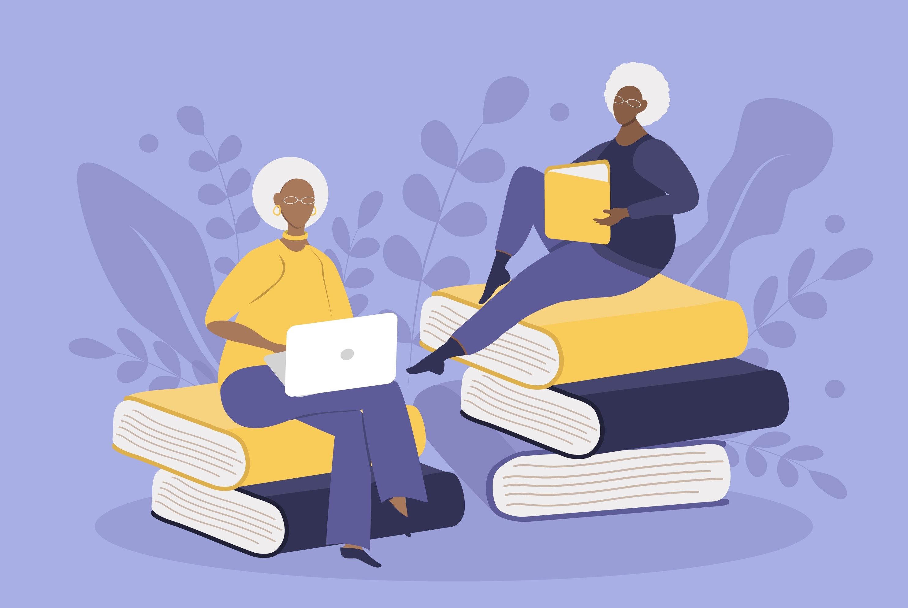 illustration of two older adults sitting on stacks of books, one using a laptop, the other reading a book
