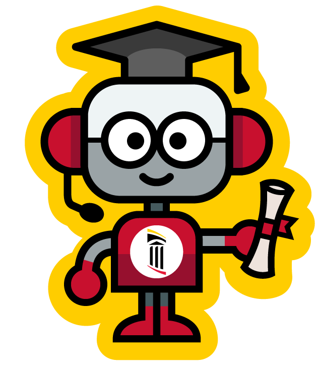 robot-like bot with graduation mortarboard on head and diploma in hand