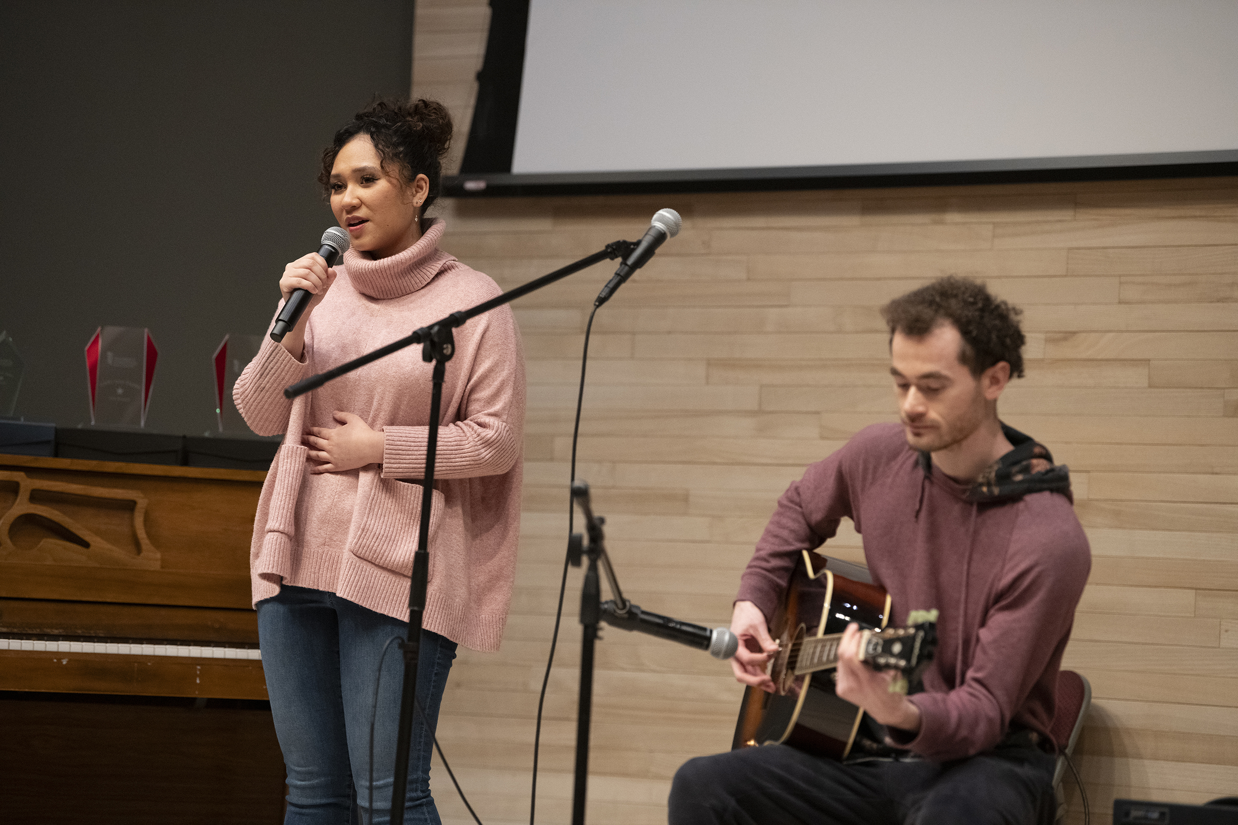 School of Dentistry students  Vanessa Vailoces and Cameron Hadeed perform at the “UMB’s Got Talent” show