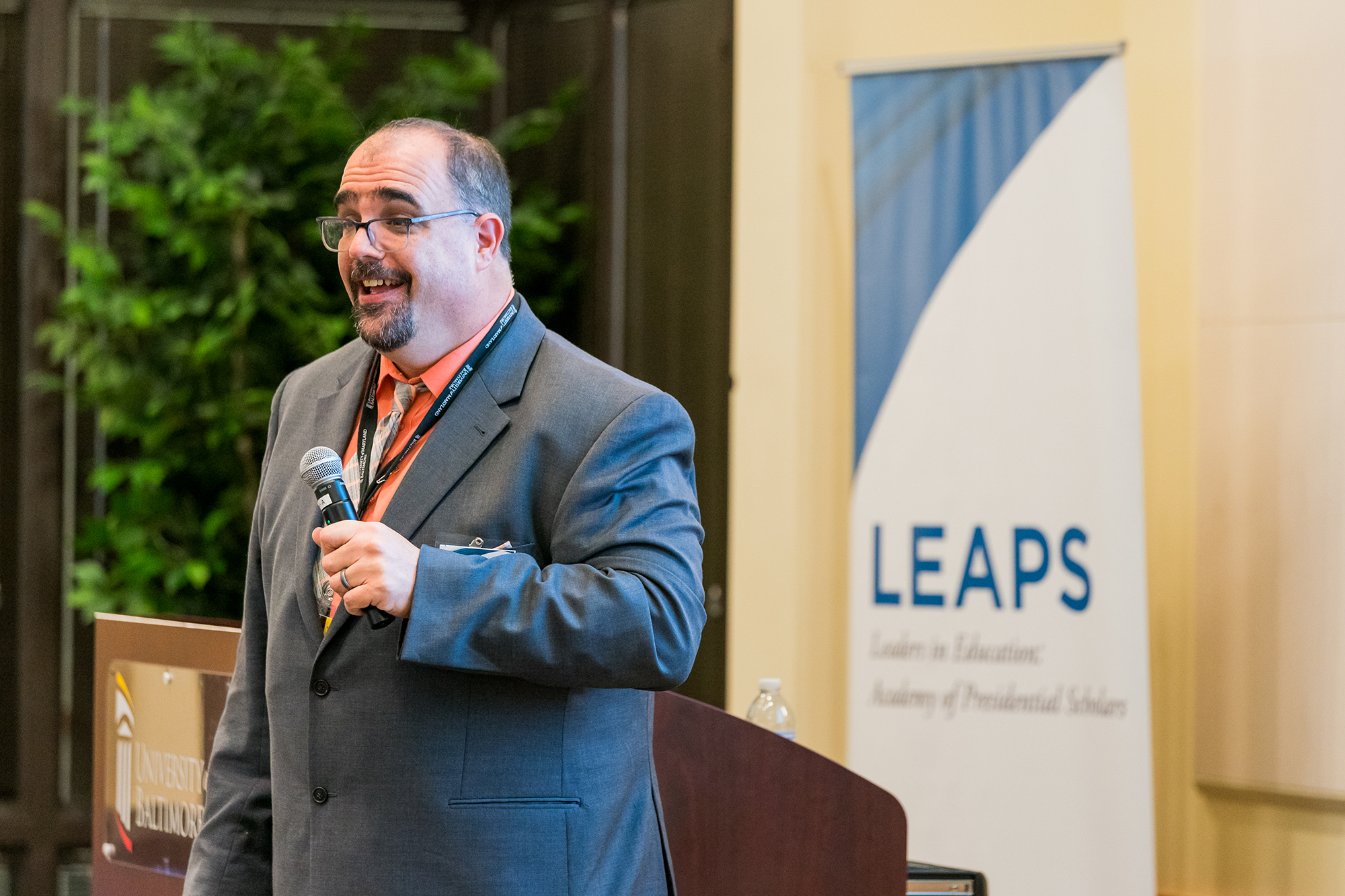 Sol Roberts-Lieb delivers his keynote presentation at LEAPS Symposium on April 2 at the SMC Campus Center.