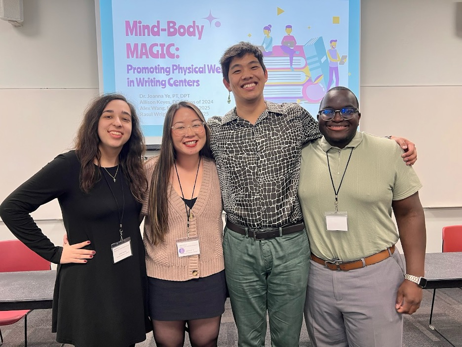 From L-R, presenters Allison Keyes (DDS 24), Dr. Joanna Ye (SOM 23), Alexander Wang (SSW 25), and Rasul Wright (JD 26) at the March 23 MAWCA Conference at George Mason University in Fairfax, Virginia.