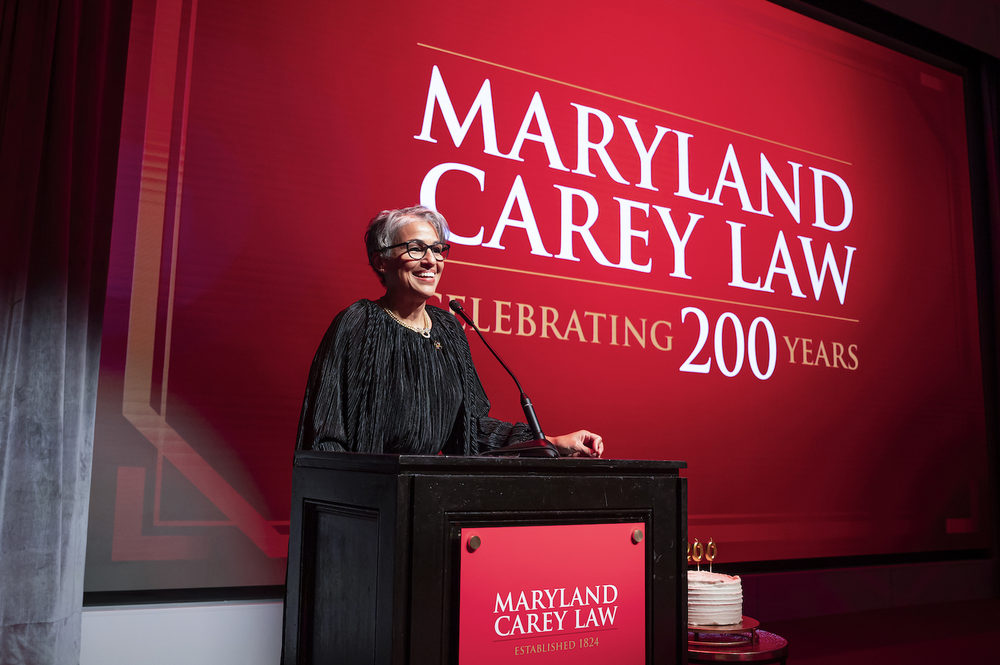 Maryland Carey Law Dean Renée McDonald Hutchins, JD, addresses the crowd gathered in April to celebrate the school’s 200th anniversary. Photo by Larry Canner   