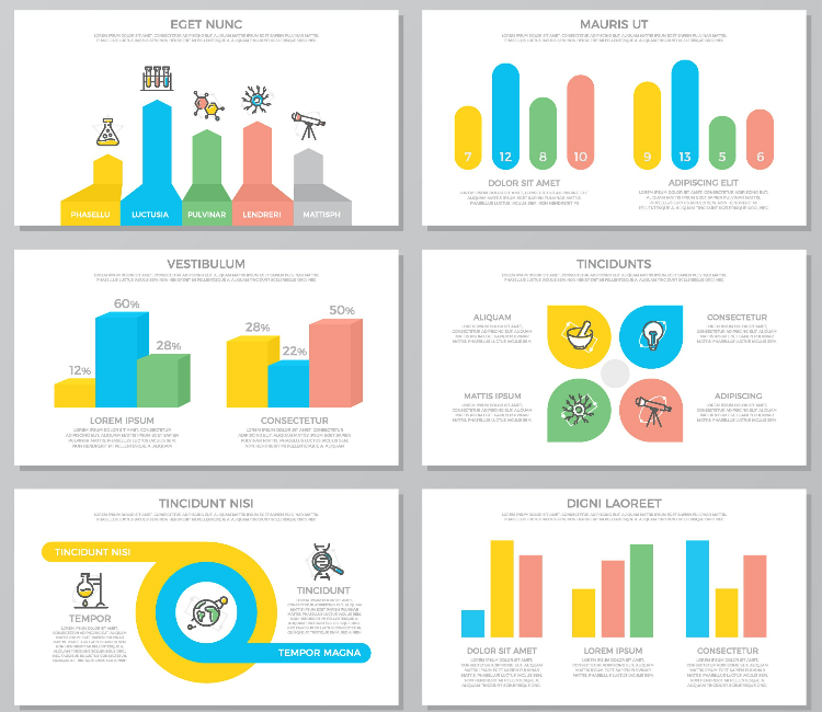 An infographic layout showcasing six science-themed data visualizations styles such colorful bar charts, icons, and minimalistic text boxes in soft pastel colors.