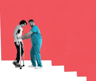 Nurse helping man with crutches