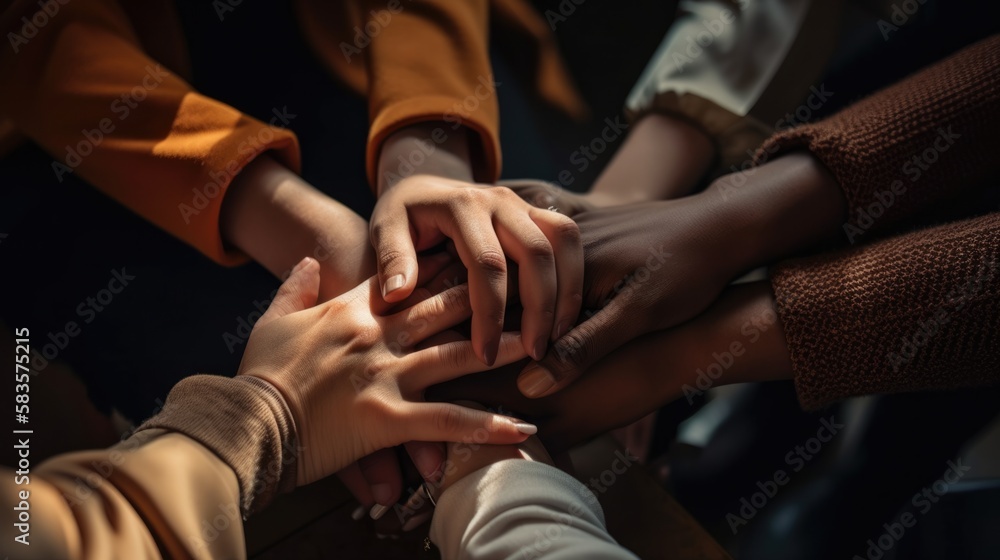 Diverse shades of hands connected to form a circle.