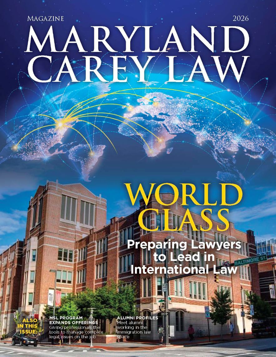 Law school building with futuristic globe with connecting sparks