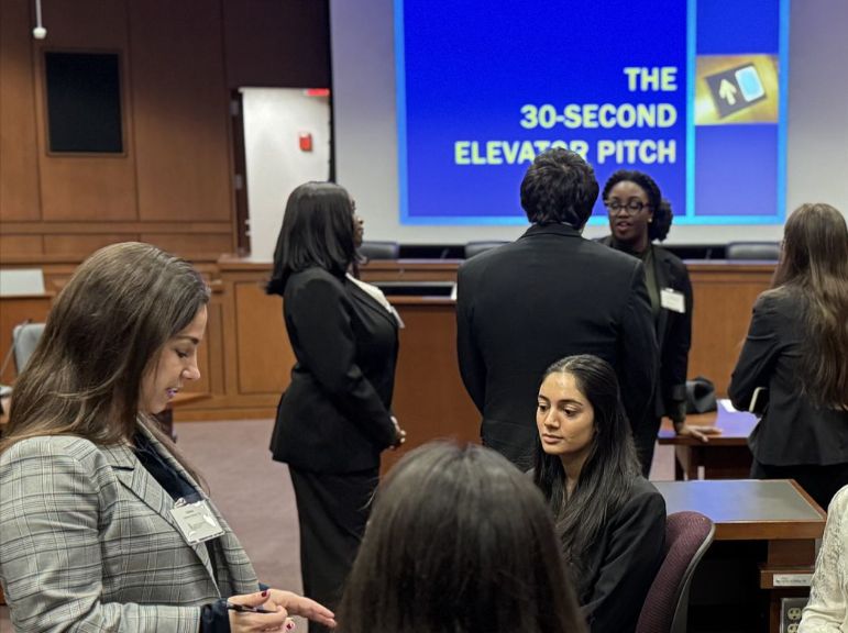 Students practice their elevator pitches during Networking 101