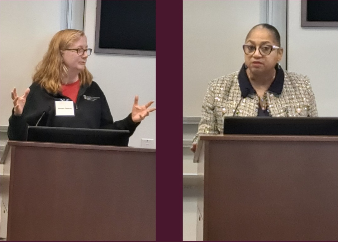 Professor Maureen Sweeney, director, Chacón Center for Immigrant Justice and Joseline A. Peña-Melnyk, speaker, Maryland House of Delegates, speaking at a classroom podium.