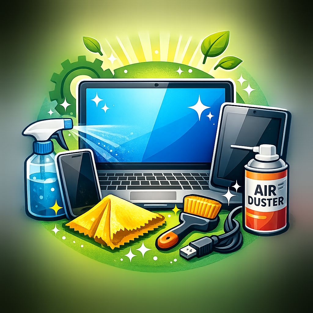 Computer with cleaning supplies