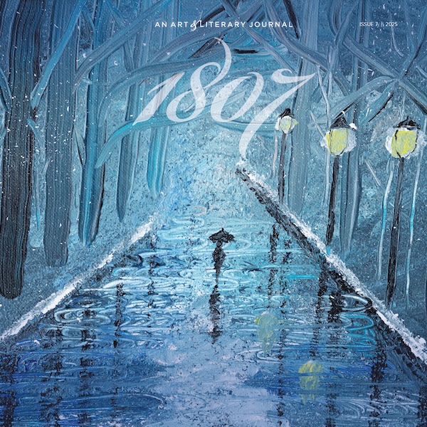 a soothing blue-tone painting. Amidst trees and a sidewalk covered in rain, a petite, lone figure walks with an umbrella under the shimmer of the streetlights.